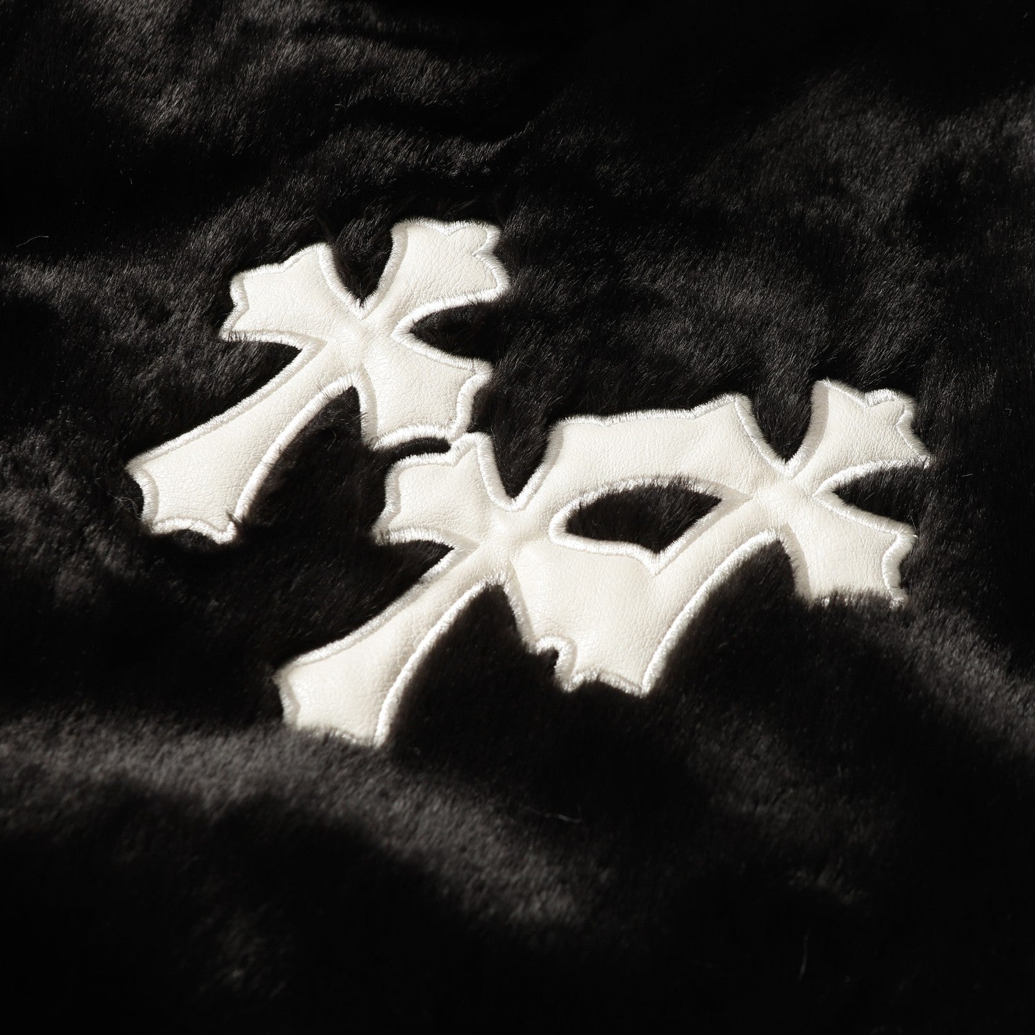 Faux Fur Cross Varsity Jacket - Black White Gothic Streetwear 035